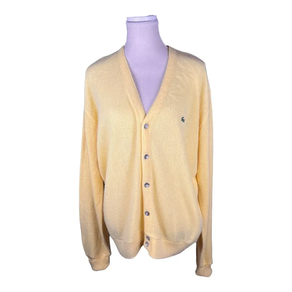 Vintage 70s IZOD Lacoste Butter Yellow Orlon Acrylic Cardigan Sweater USA Large